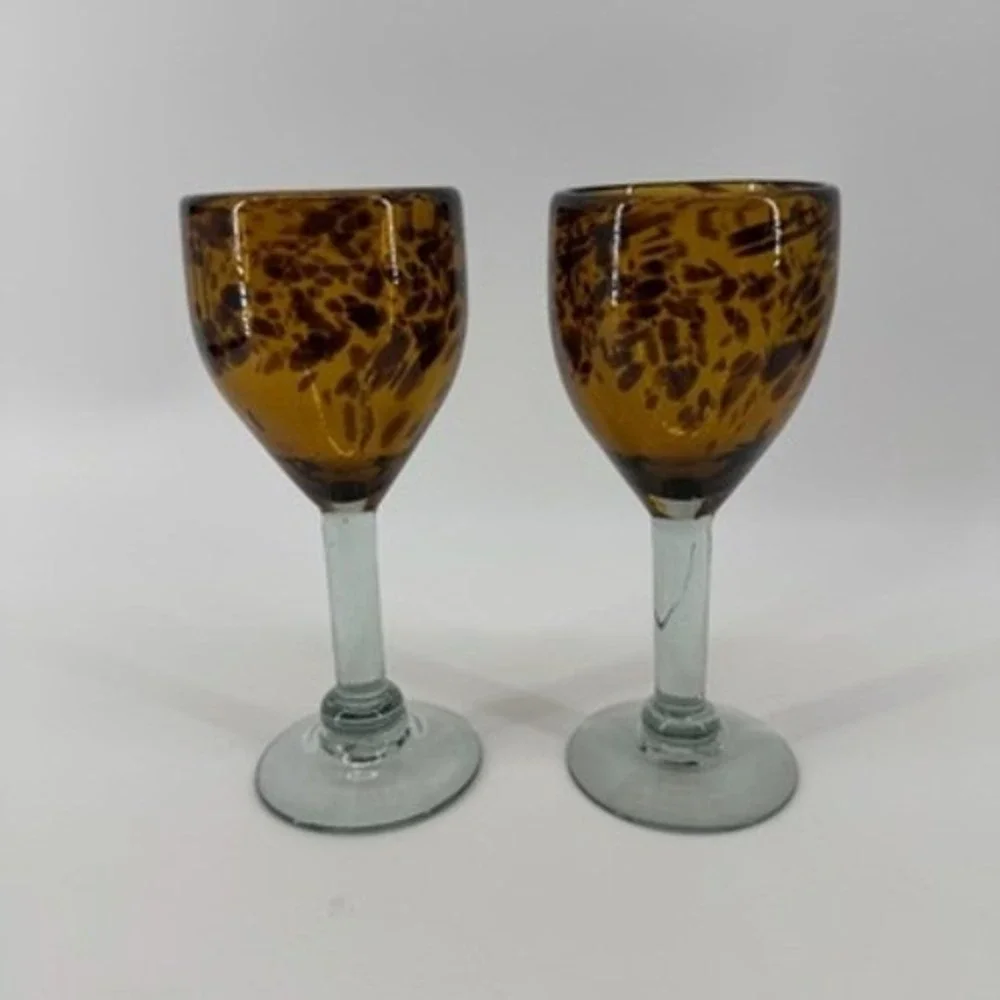 Set of 2 Amber Tortoise Shell Hand Blown Glass Wine Goblets Leopard Spotted 7.5